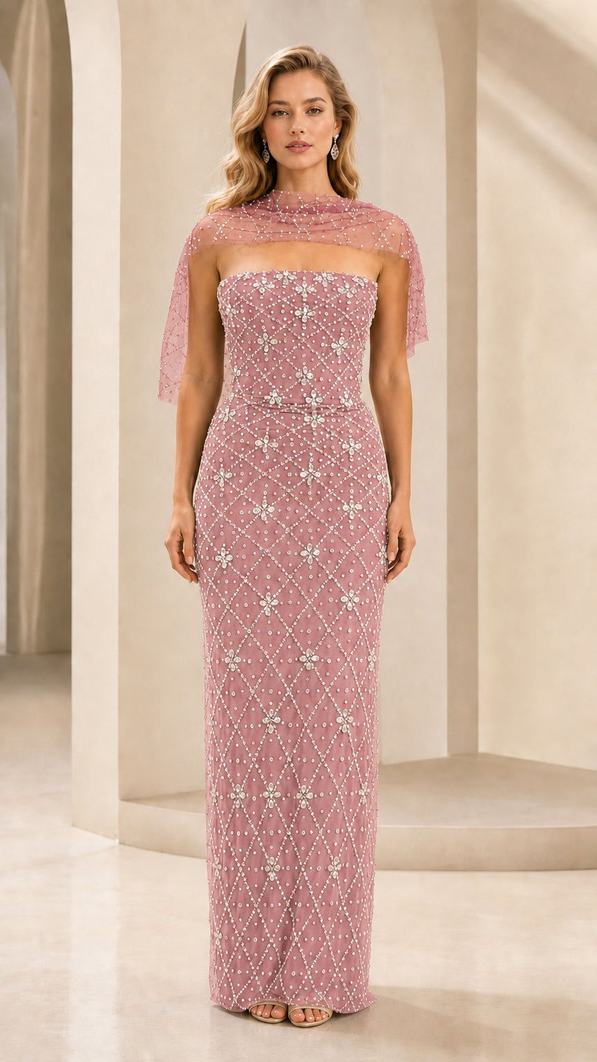 Front view of pink beaded strapless evening gown
