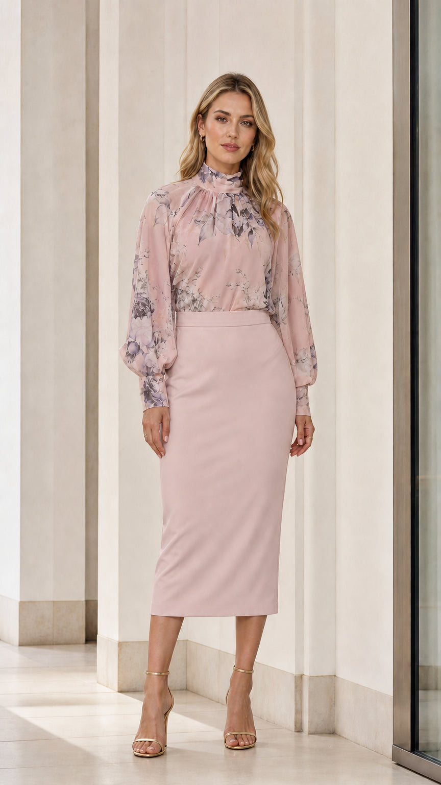 Front view of pink floral blouse and skirt set