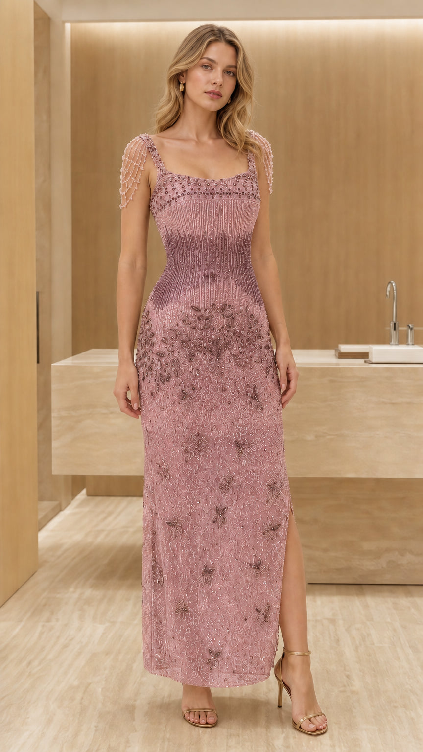 Front view of model wearing mauve beaded evening dress