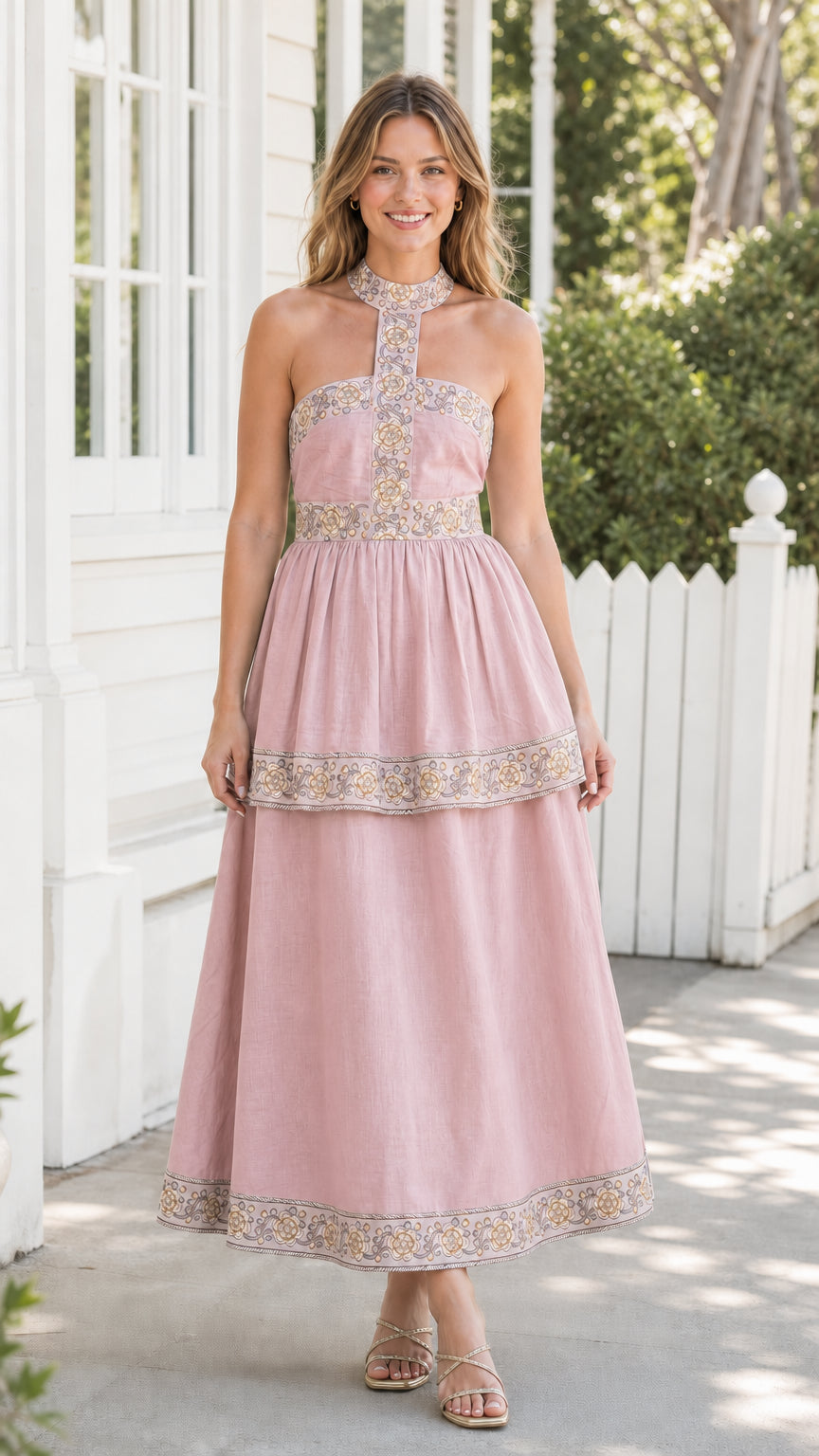 Model wearing pink embroidered halter midi dress