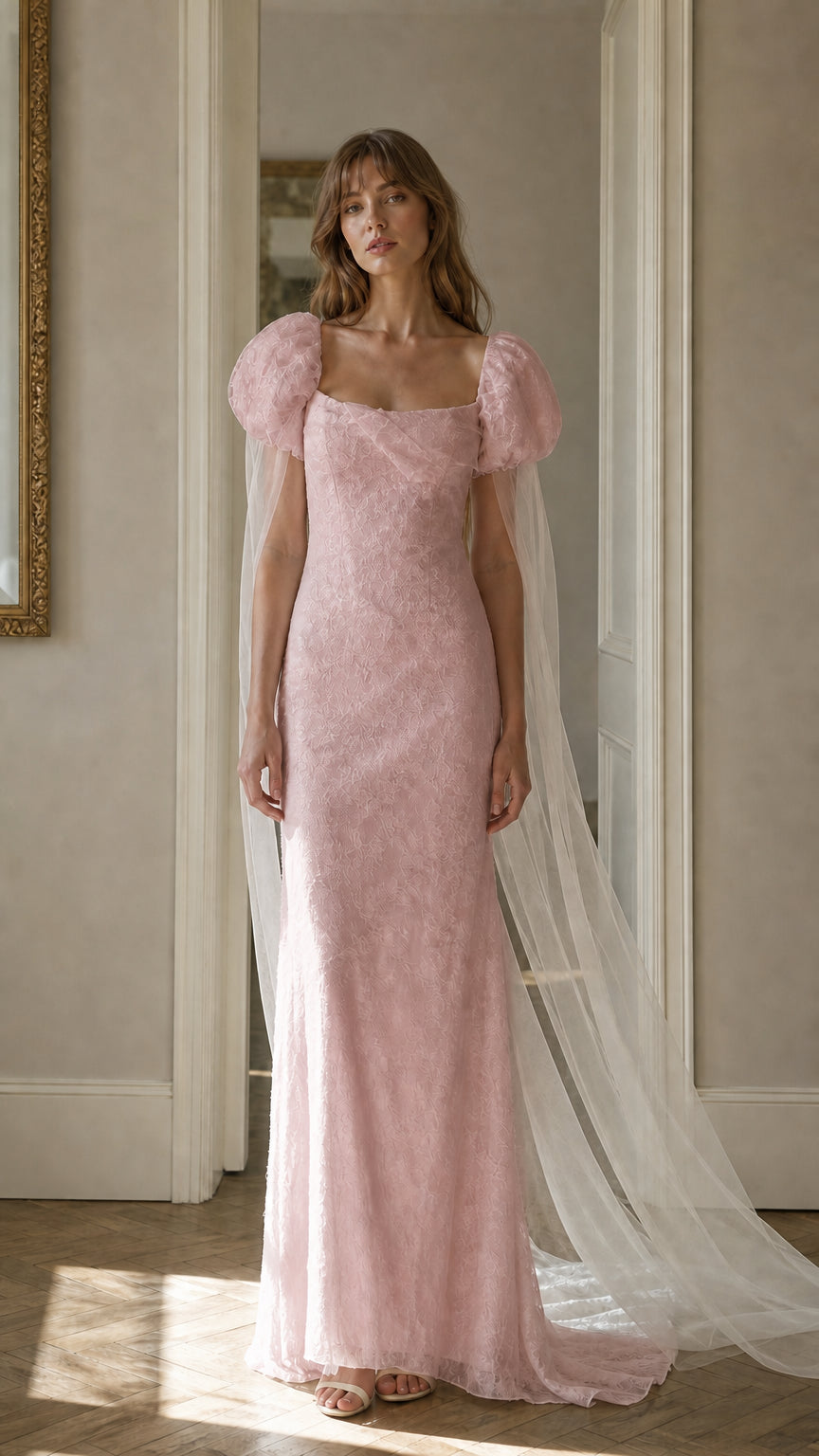 Front view of pink lace maxi dress with cape