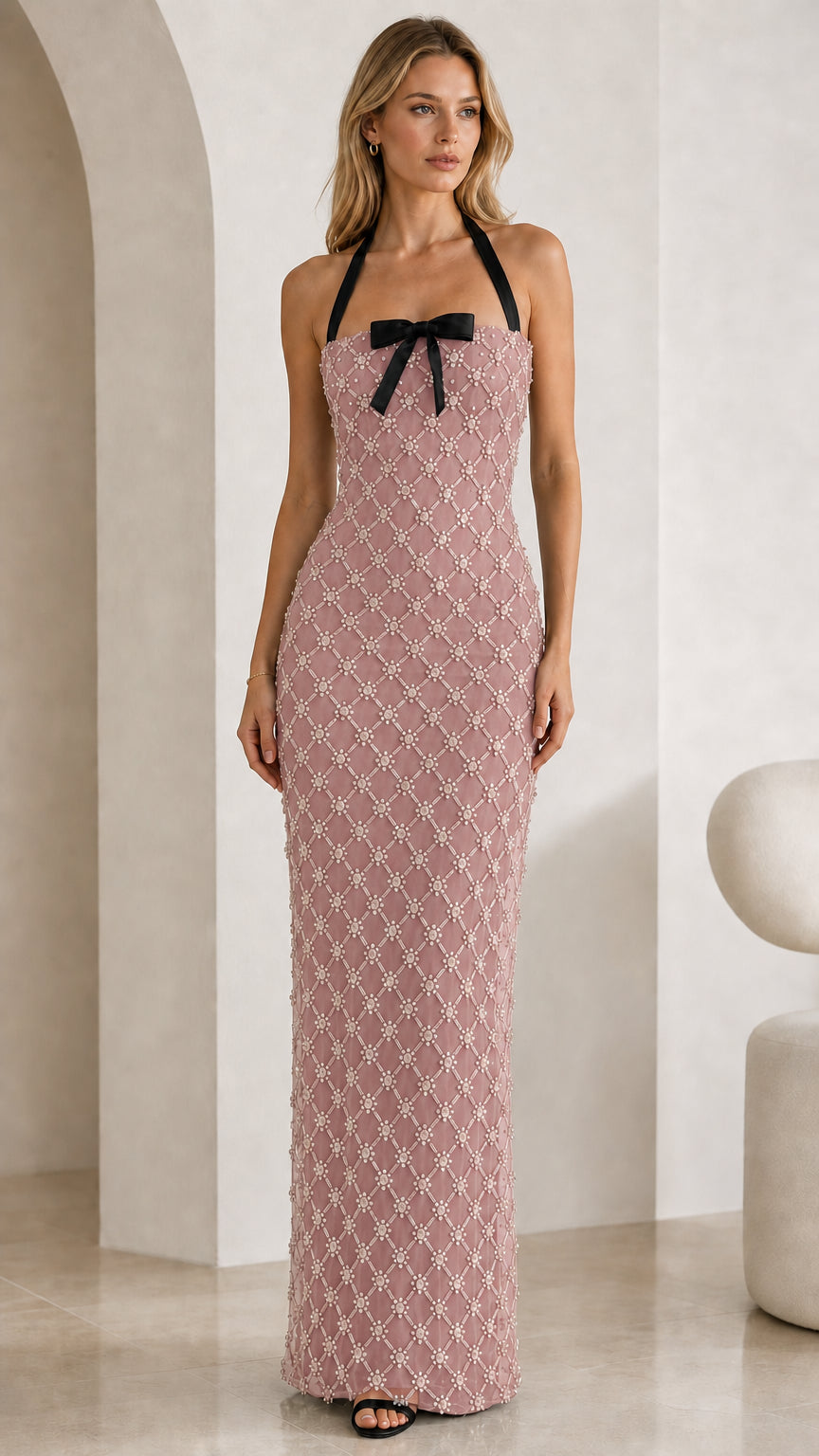 Pink rhinestone halter maxi dress