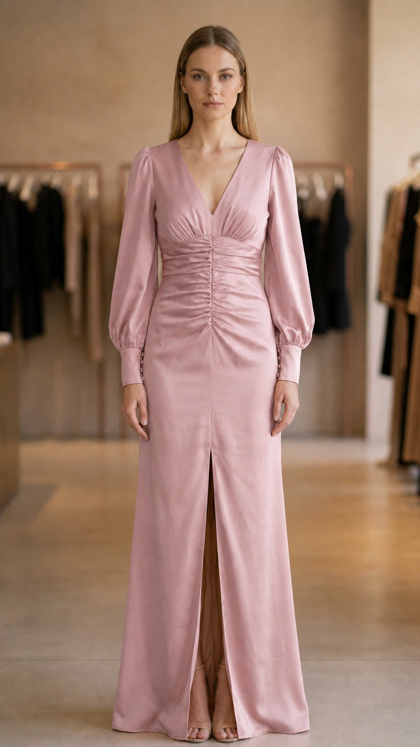 Model wearing pink evening maxi dress