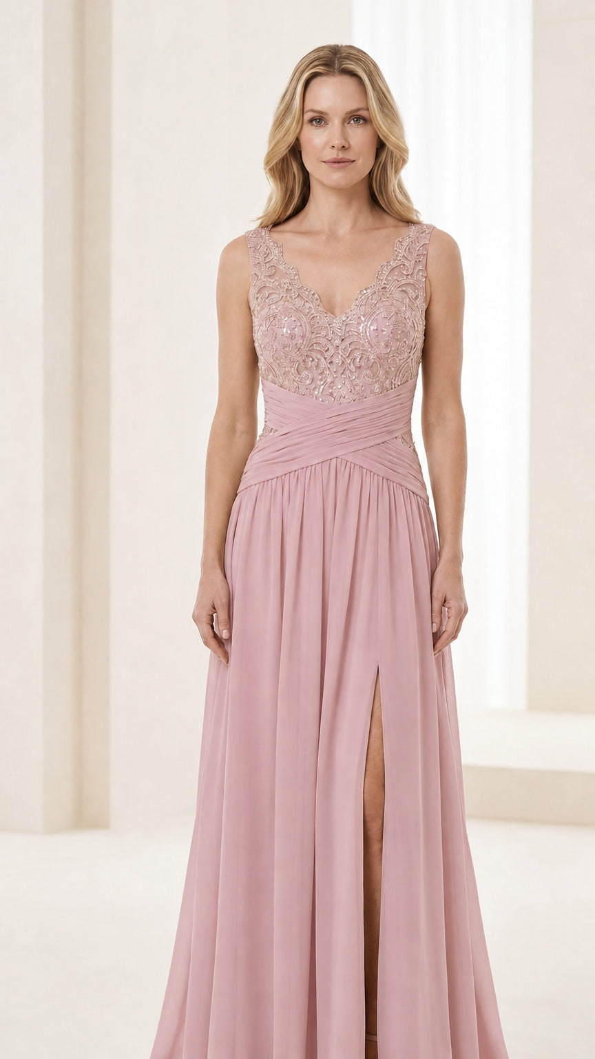 Front view of dusty rose evening gown with elegant pleated waist