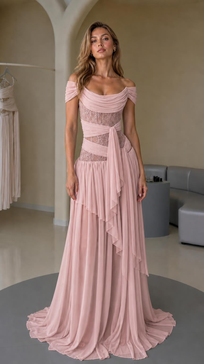 Front view of pink formal maxi dress