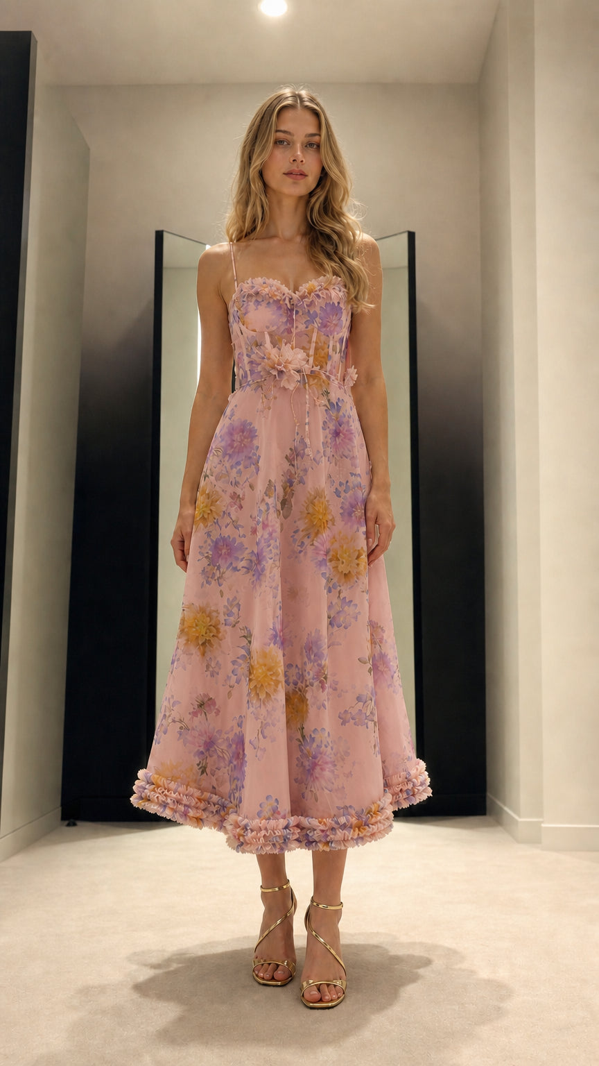 Full front view of pink floral corset midi dress