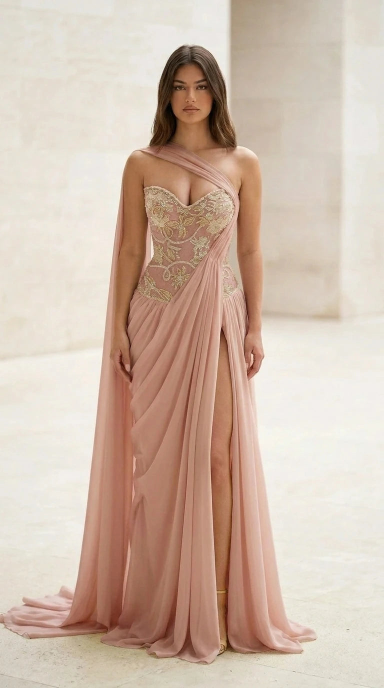 Front view of pink evening gown with high leg slit