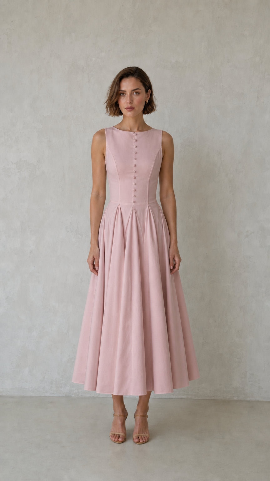 Front view of woman wearing pink sleeveless pleated midi dress