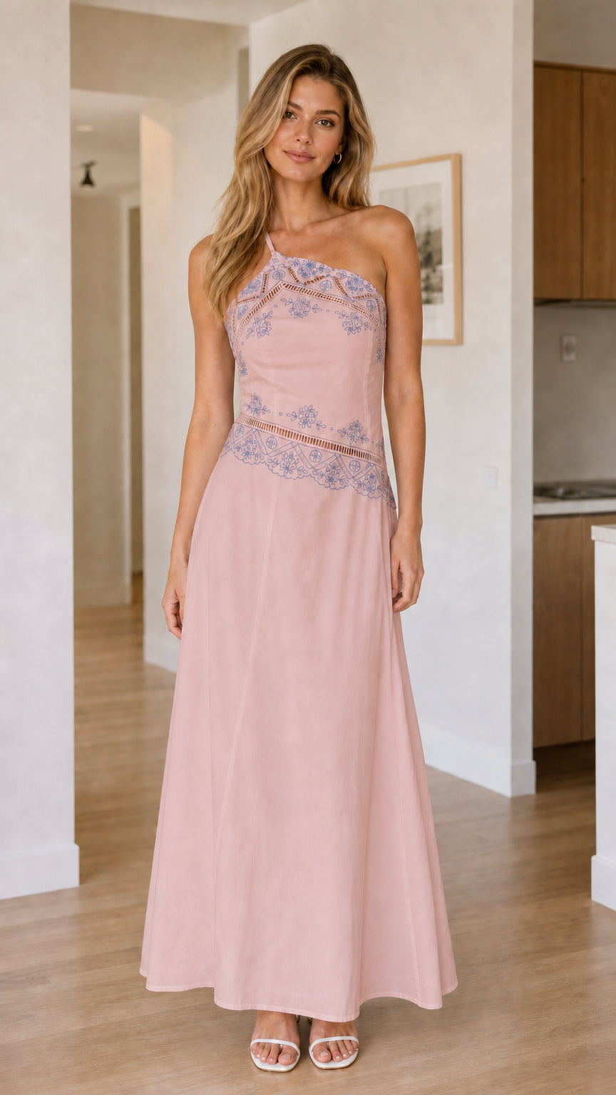 Front view of pink one-shoulder embroidered maxi dress