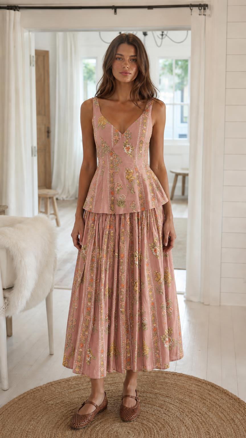 Model wearing soft pink floral print matching set