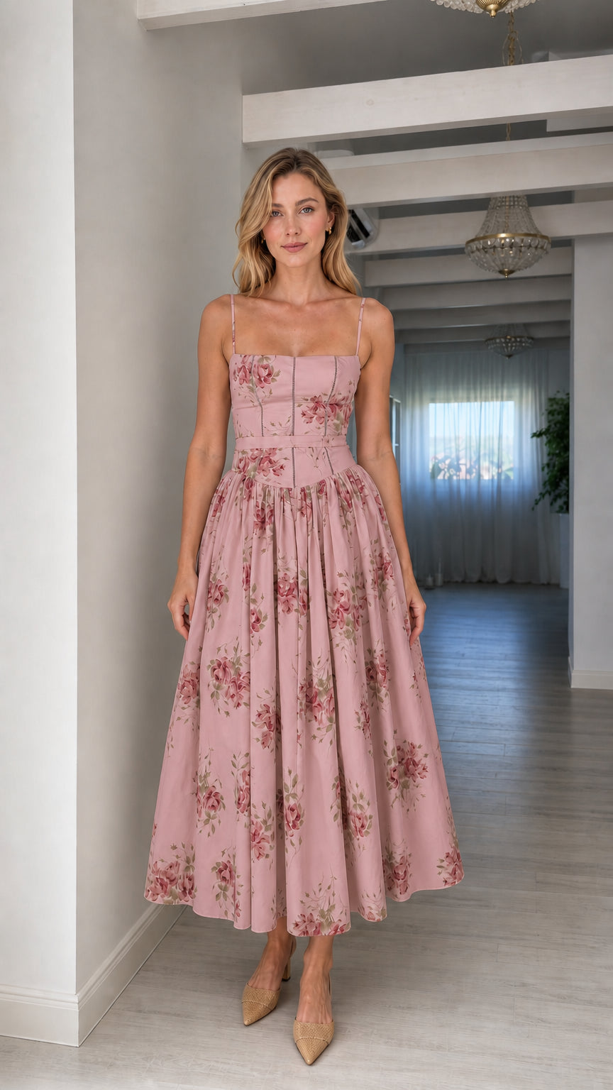 Woman wearing pink floral midi dress