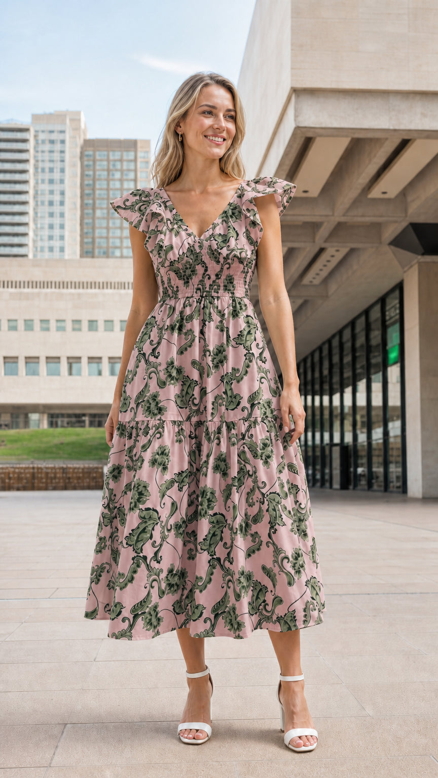 Woman wearing pink floral ruffle smocked midi dress