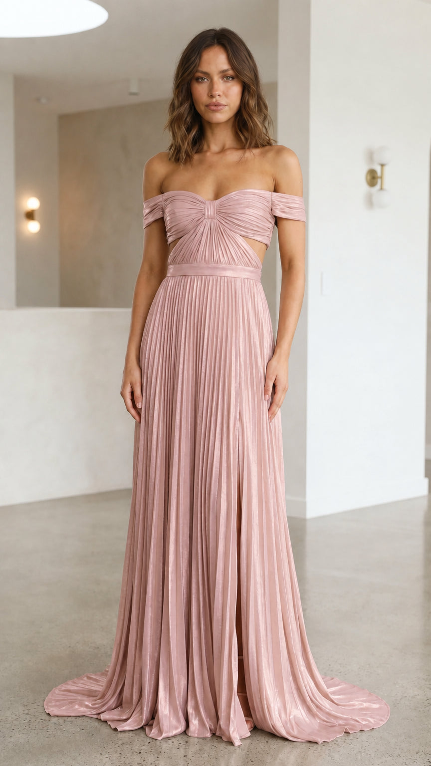 Front view of rose pink metallic off-shoulder maxi dress