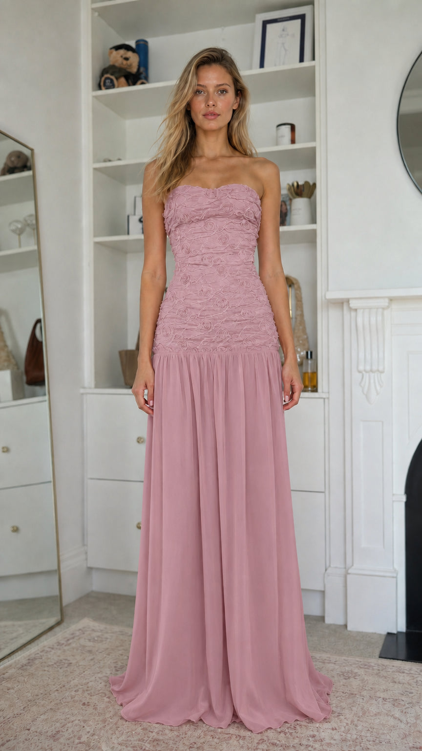 Elegance Strapless Textured Bodice Chiffon Maxi Dress in Mauve