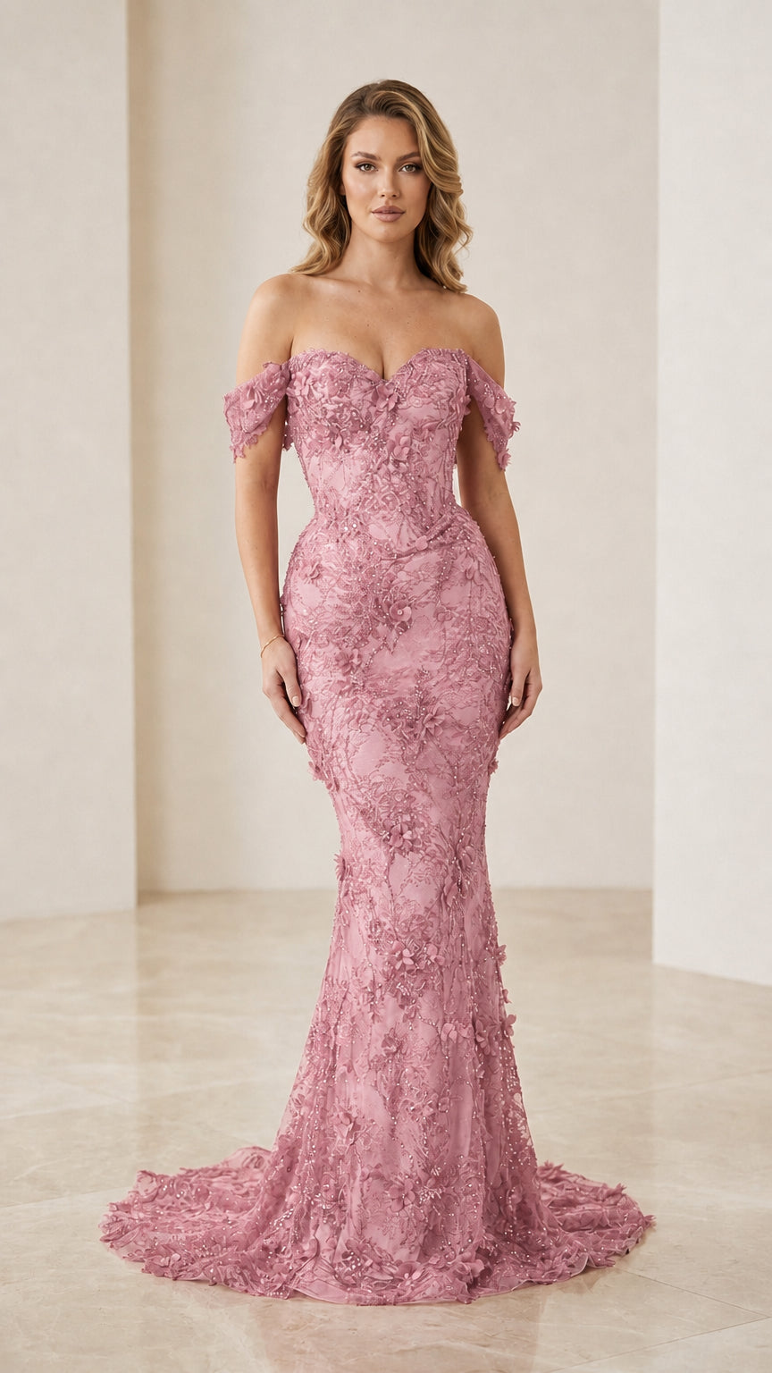 Pink color variant of off-the-shoulder mermaid evening gown