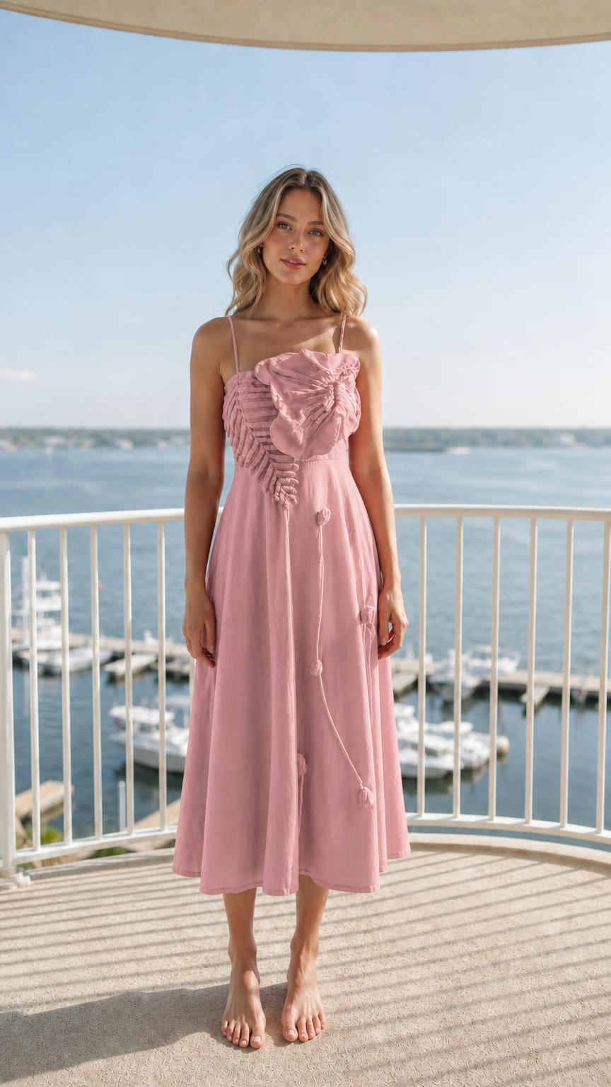 Front view of woman wearing pink ruffled midi dress