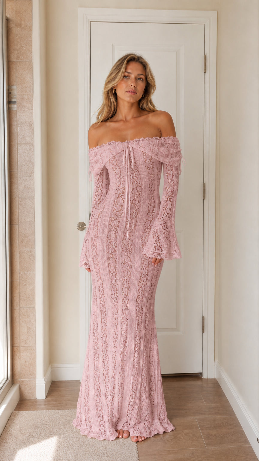 Full view of the pink color variant of the lace maxi dress