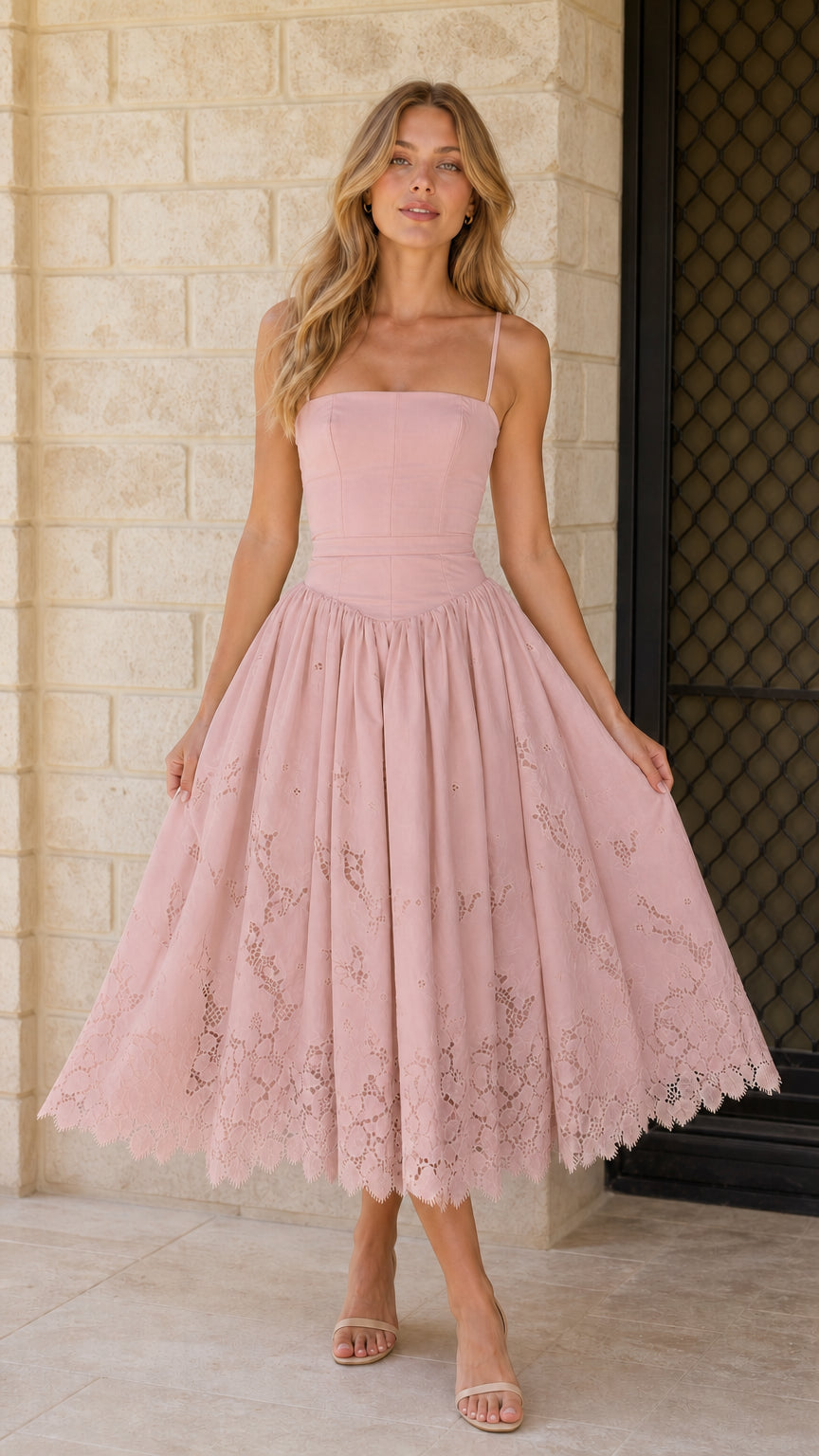 Front view of pink midi dress