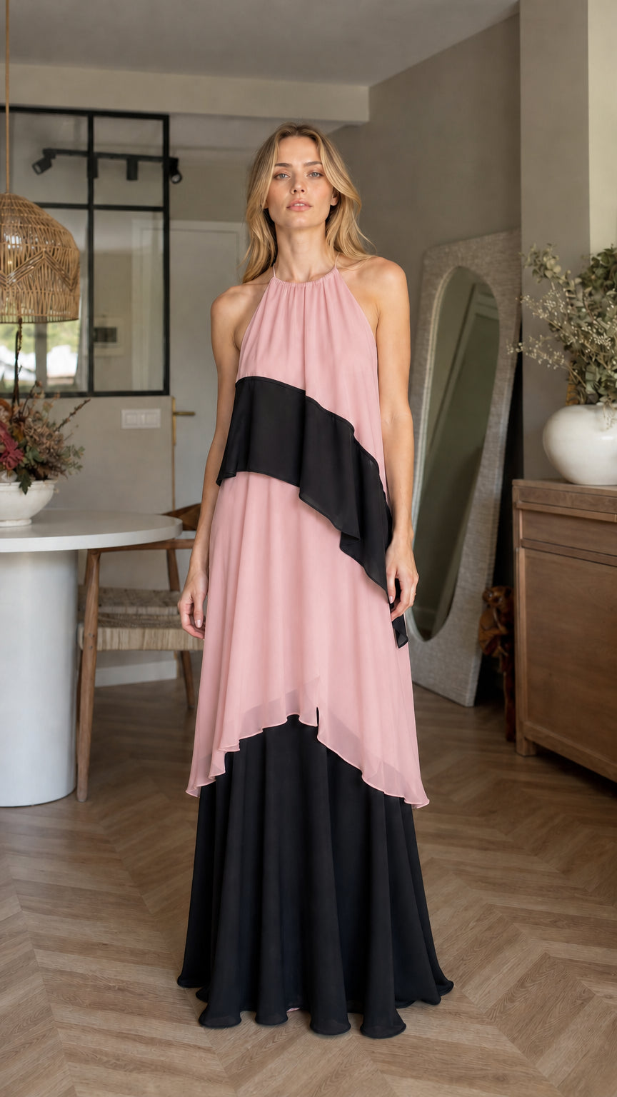 Front view of pink color-block halter maxi dress