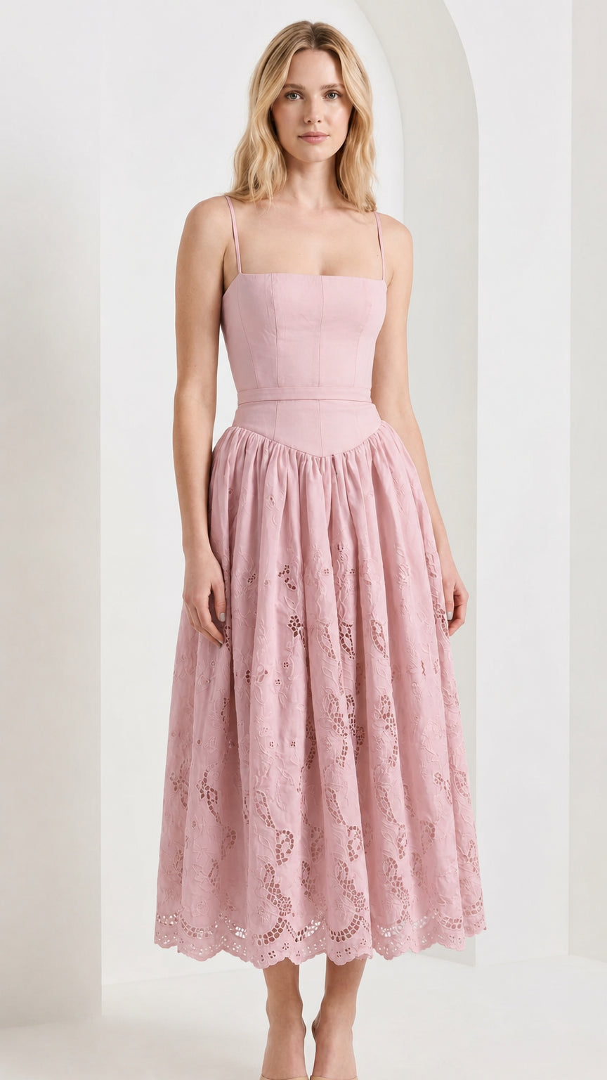 Front view of model wearing pink sleeveless square neck embroidered midi dress