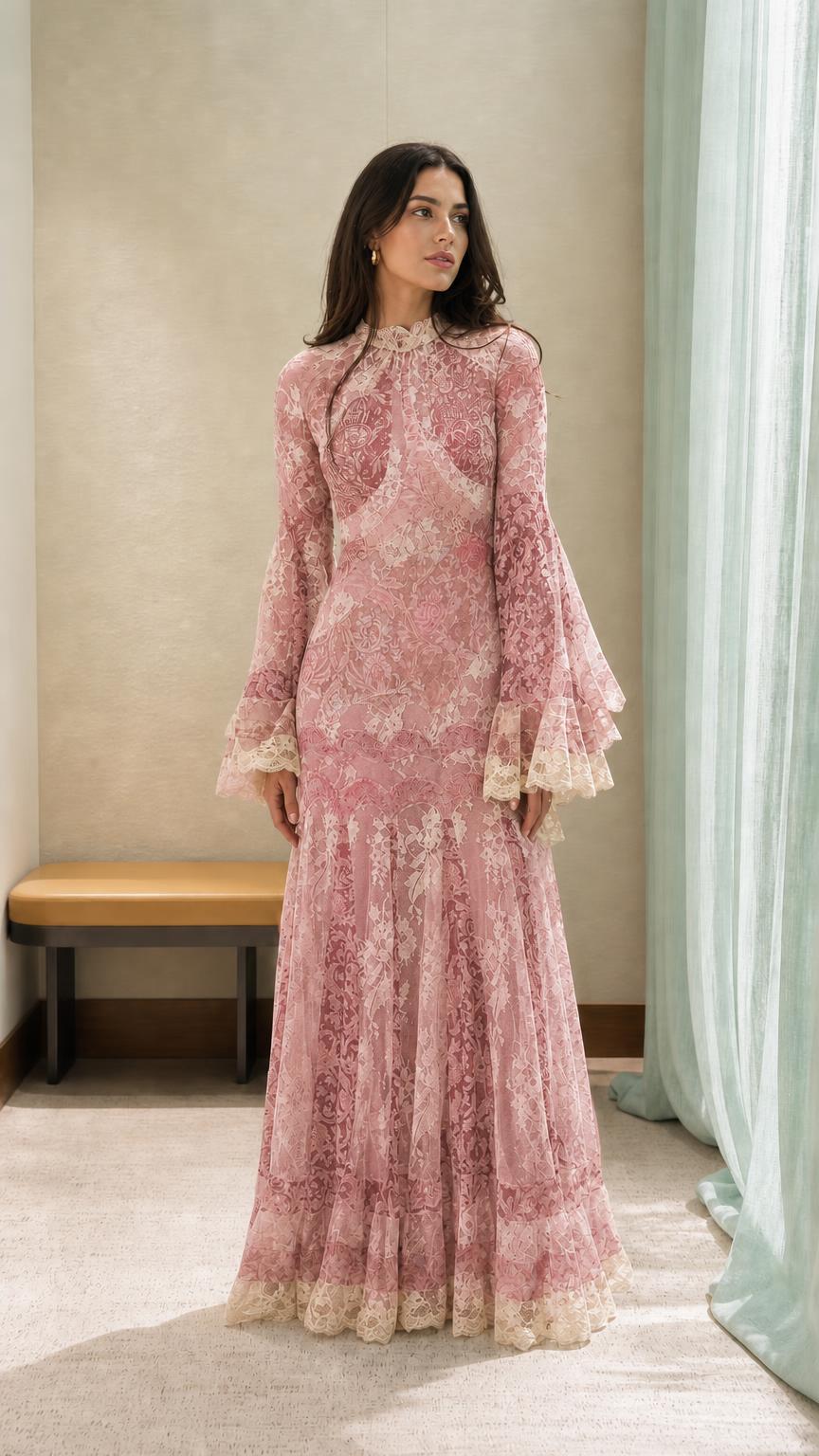 Model wearing the vintage lace maxi dress in pink color variant