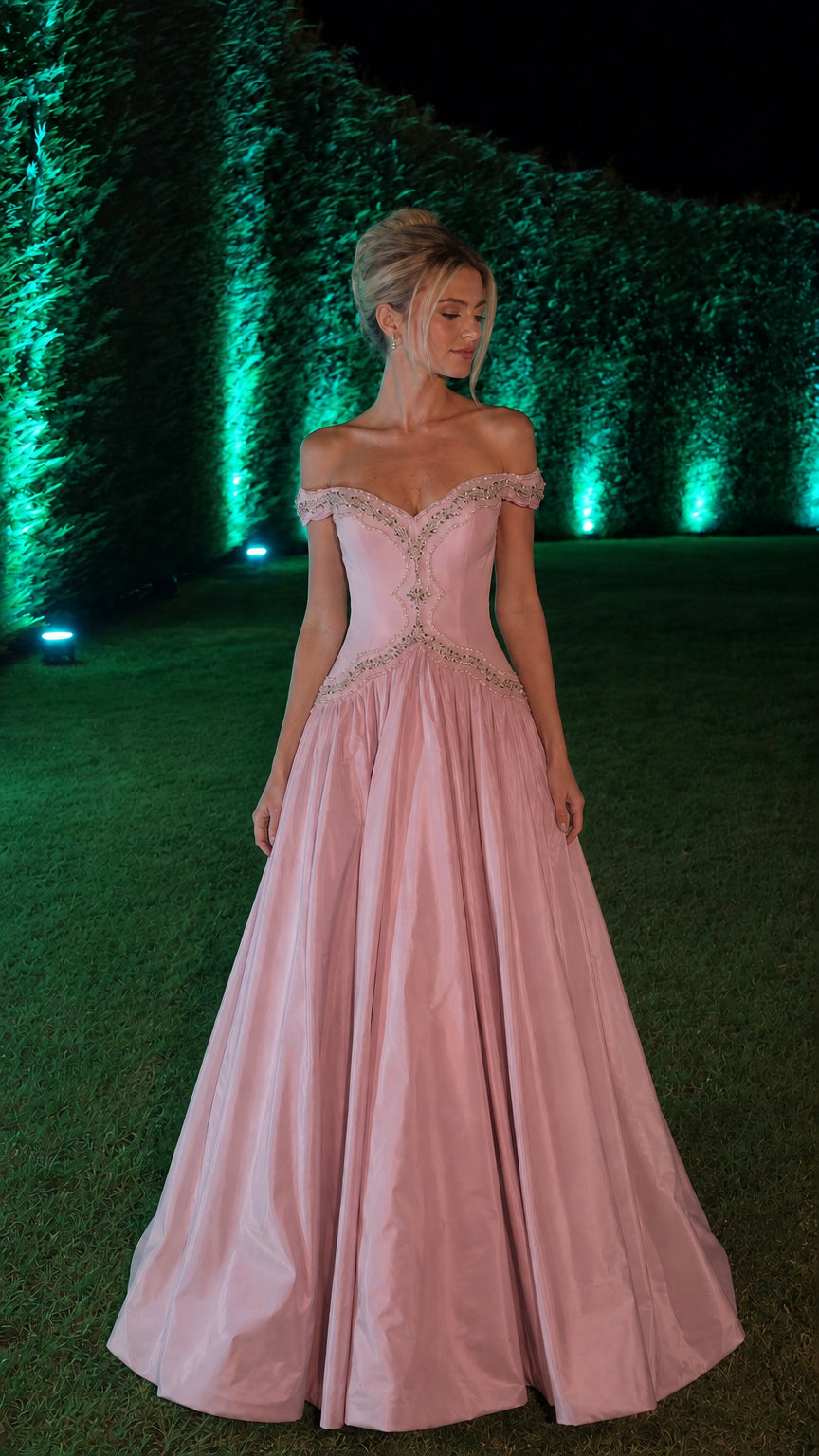 Pink variant of the off-shoulder evening ball gown