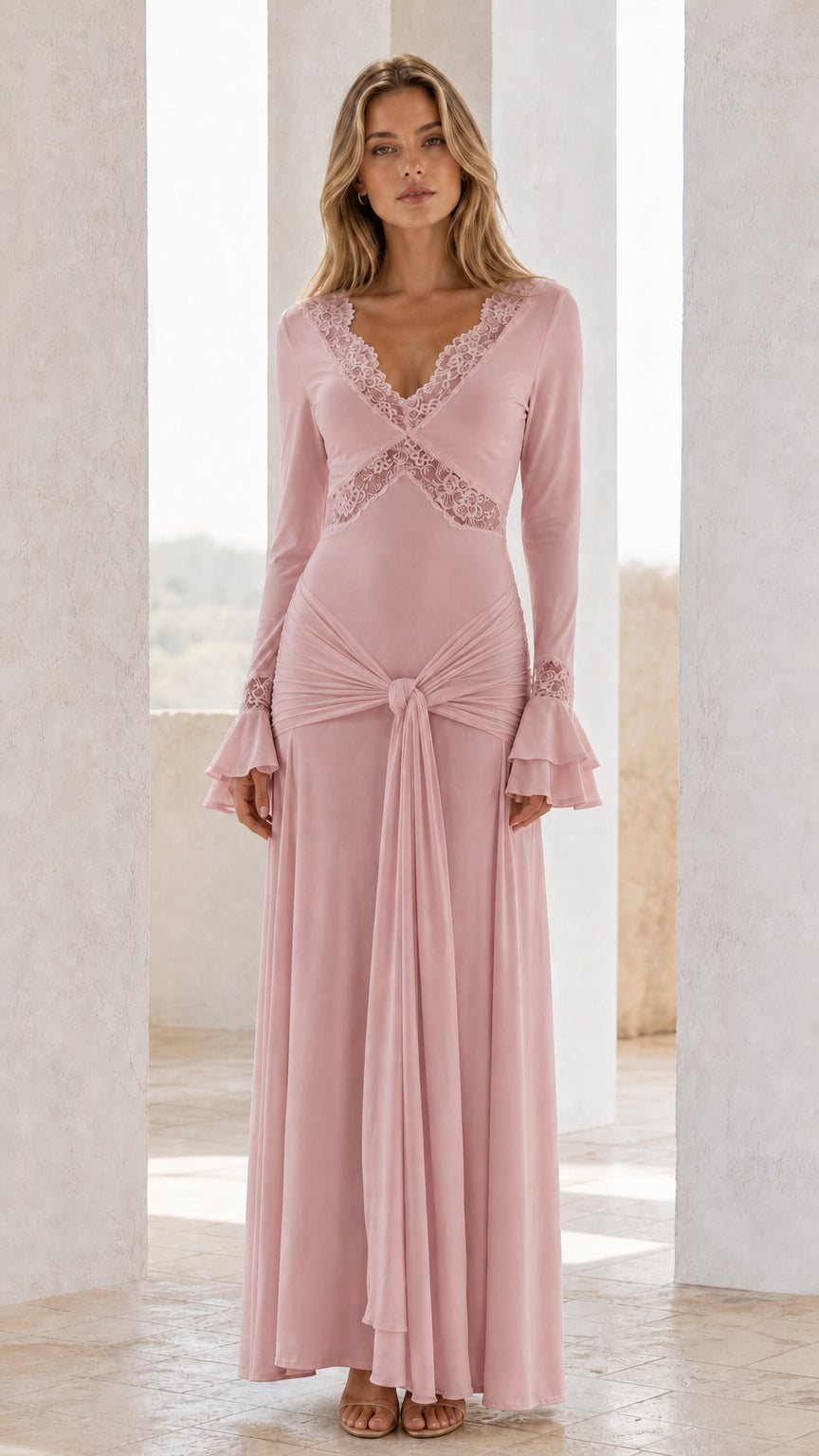 Front view of dusty pink lace-trimmed long sleeve maxi dress