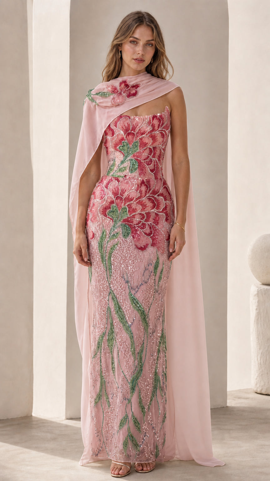 Pink variant of the embroidered floral strapless evening gown with cape