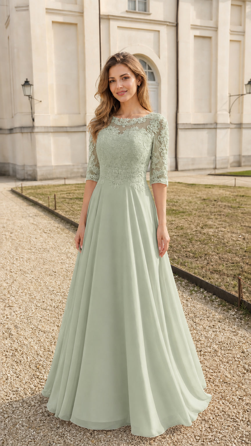 Front full view of sage green lace evening dress