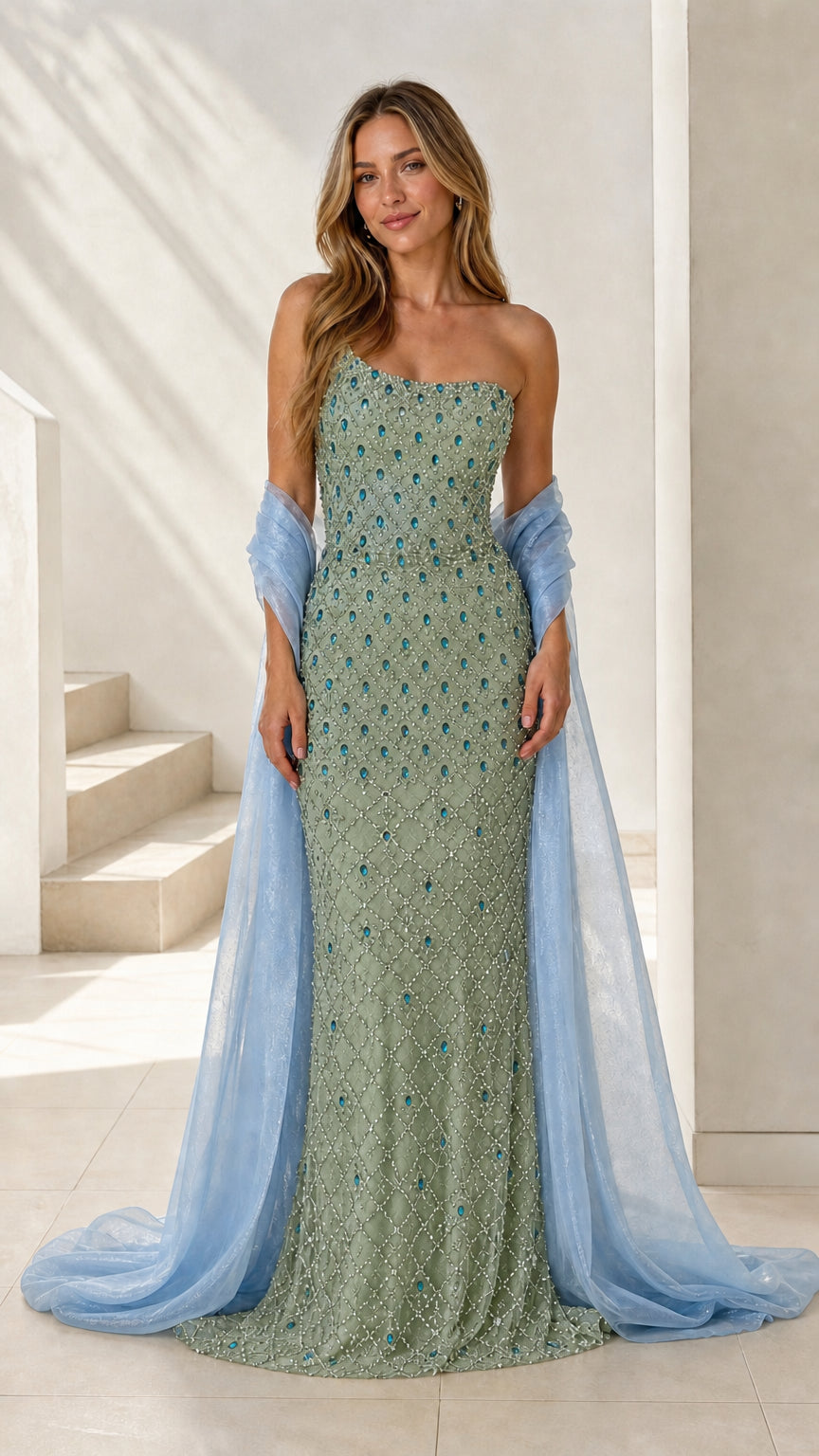 Front view of sage green variant beaded evening gown