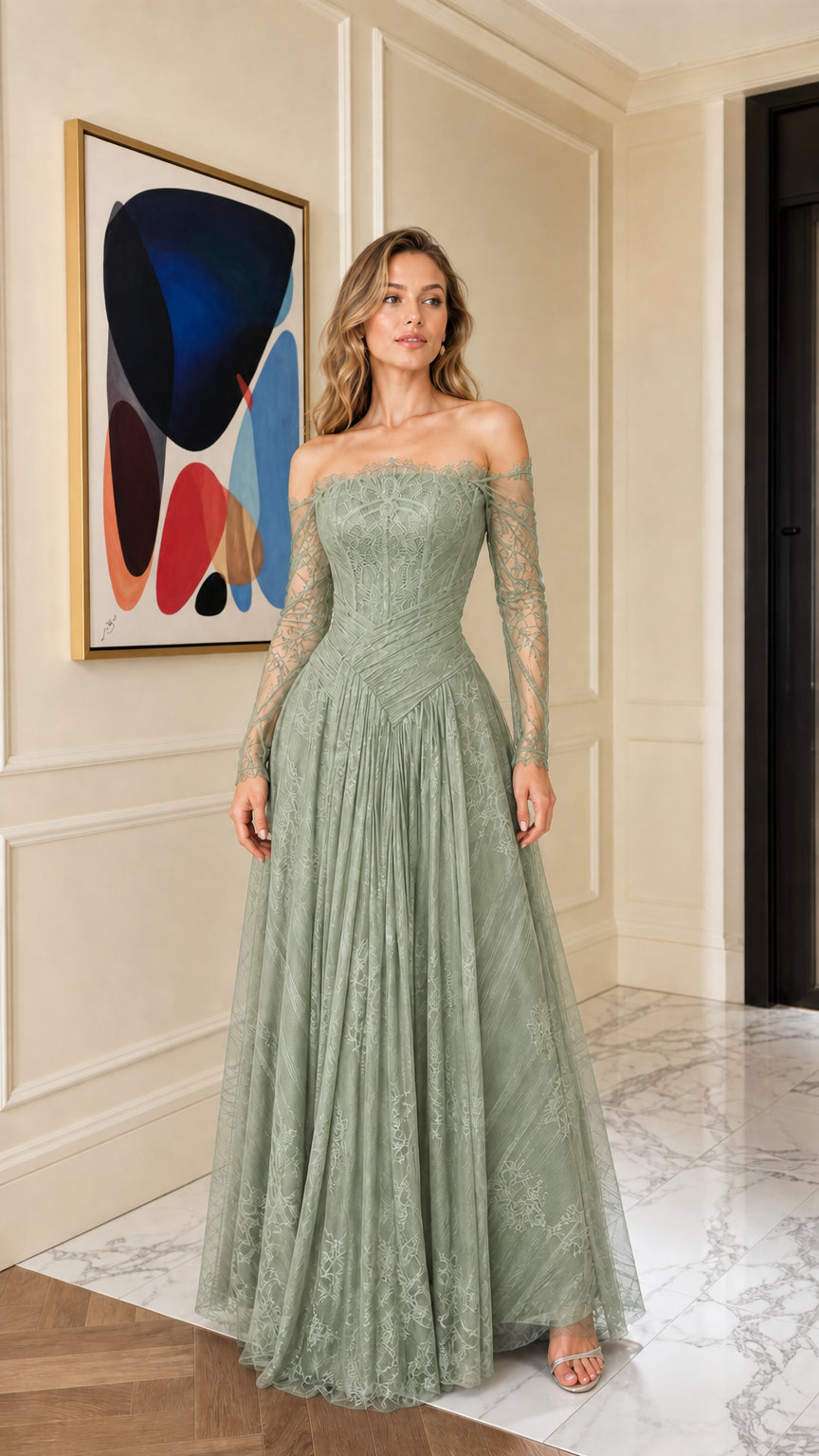 Front view of sage green off-shoulder lace evening gown