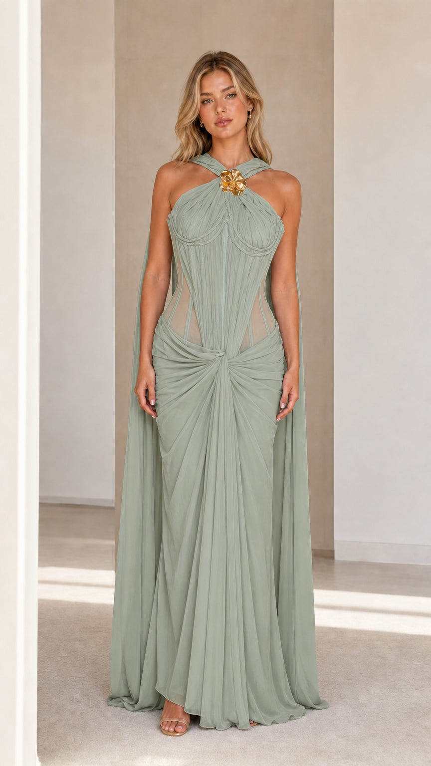 Model wearing sage green evening cape maxi dress