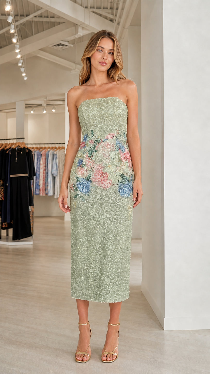 Model wearing sage green floral sequin strapless midi dress