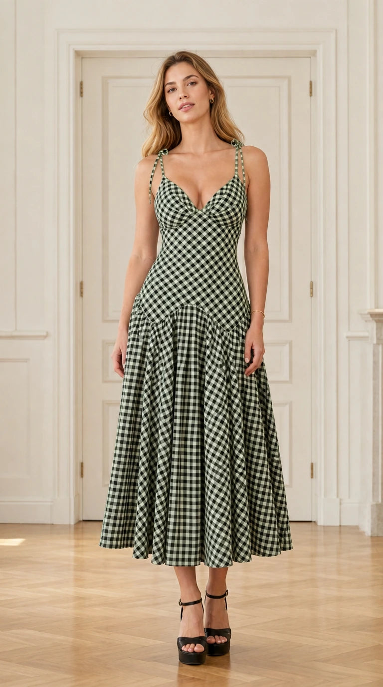 Front view of model wearing green and white gingham midi dress