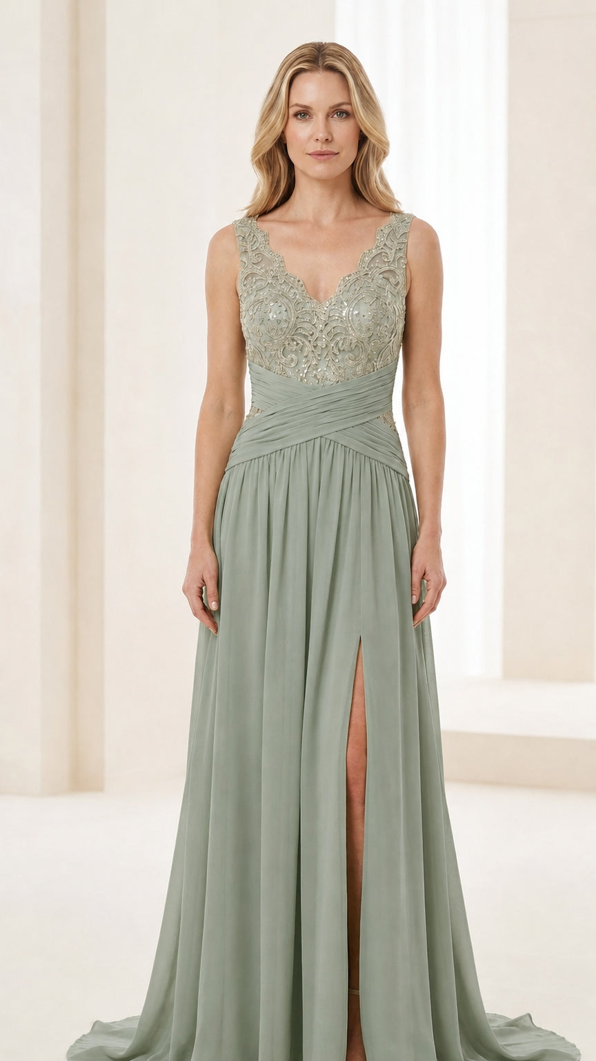 Front view of sage green evening gown with structured V-neck