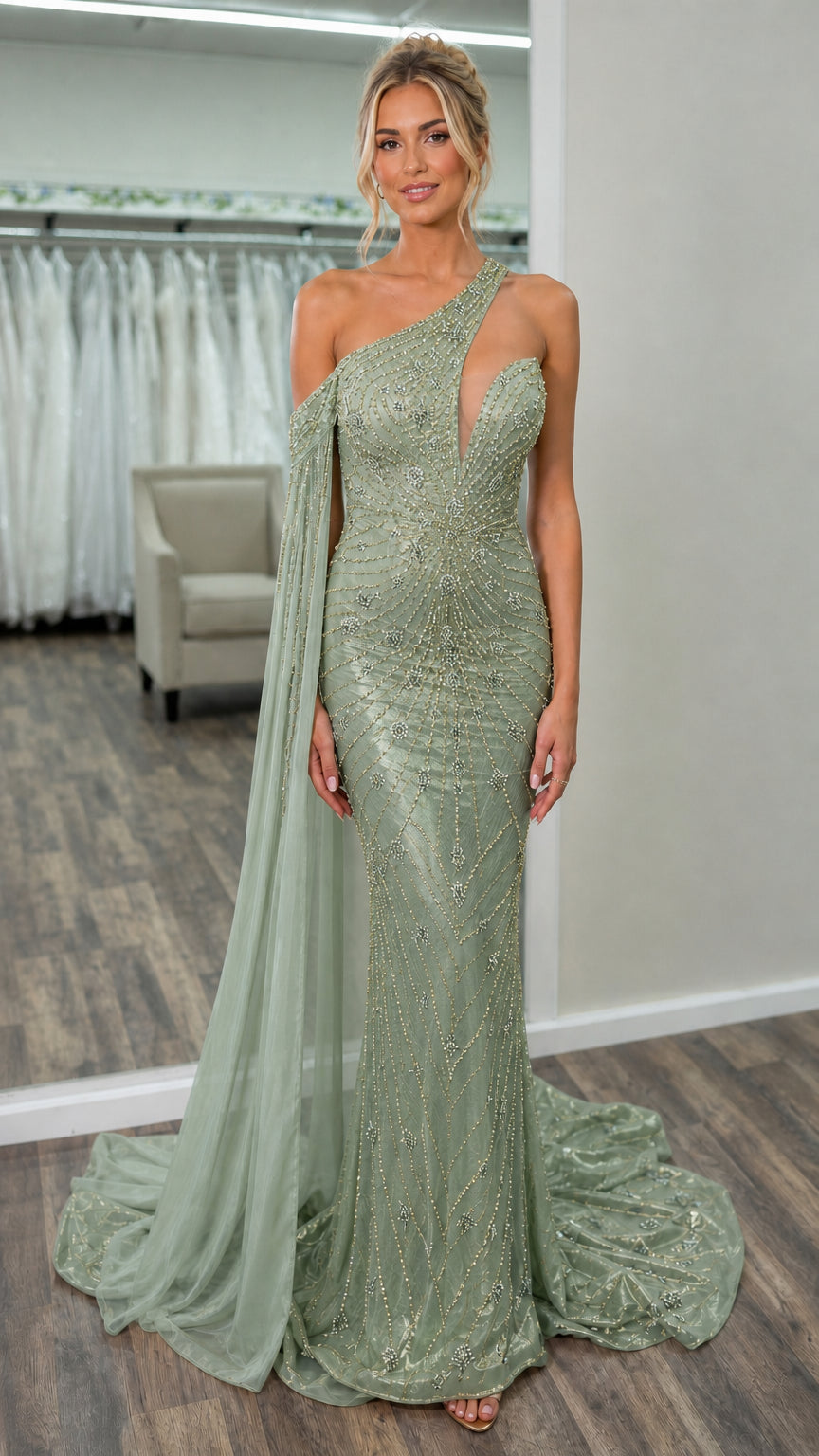 Front view of sage green beaded evening dress with cape