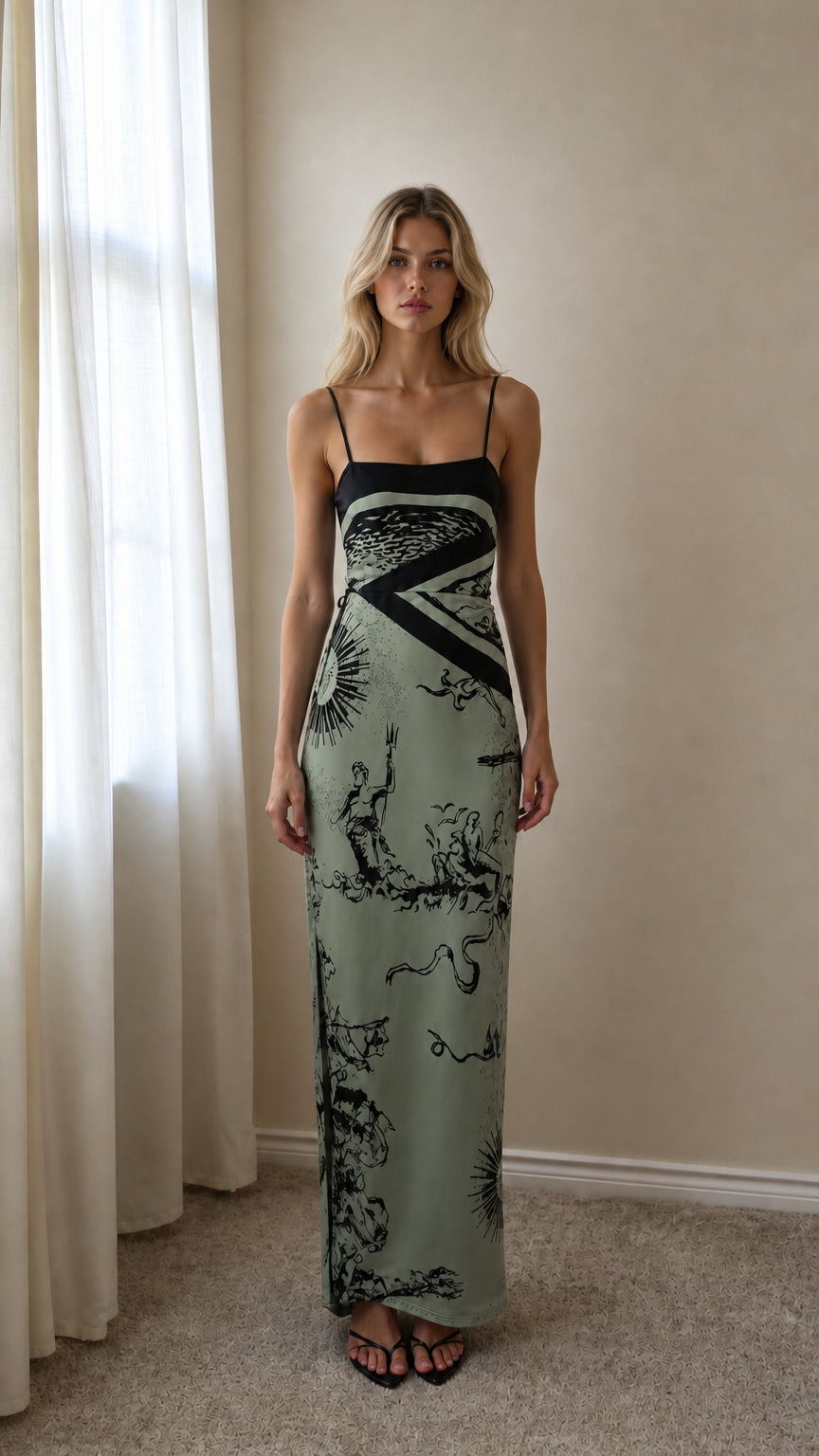Front view of Sage Green graphic print maxi slip dress