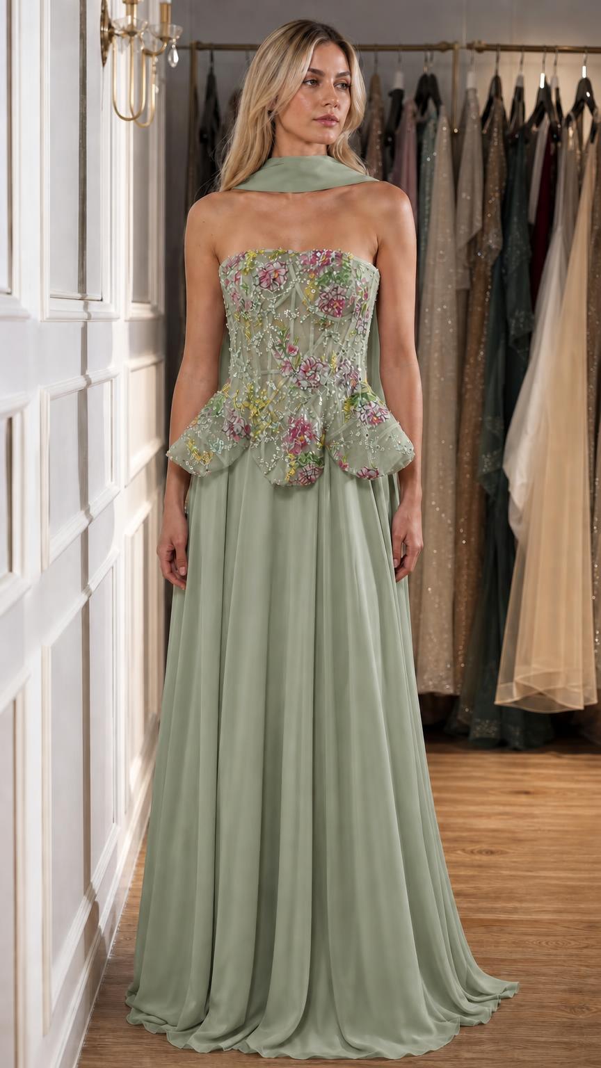 Sage green color variant of the strapless floral peplum gown