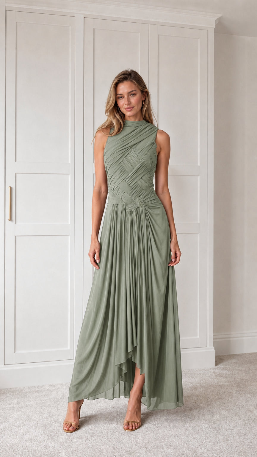 Front view of sage green pleated maxi dress