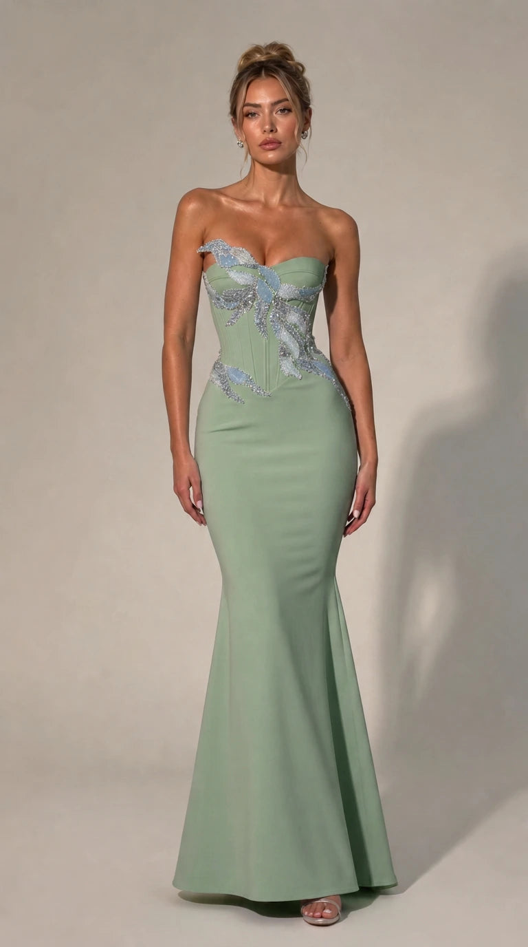 Front view of sage green strapless beaded evening dress