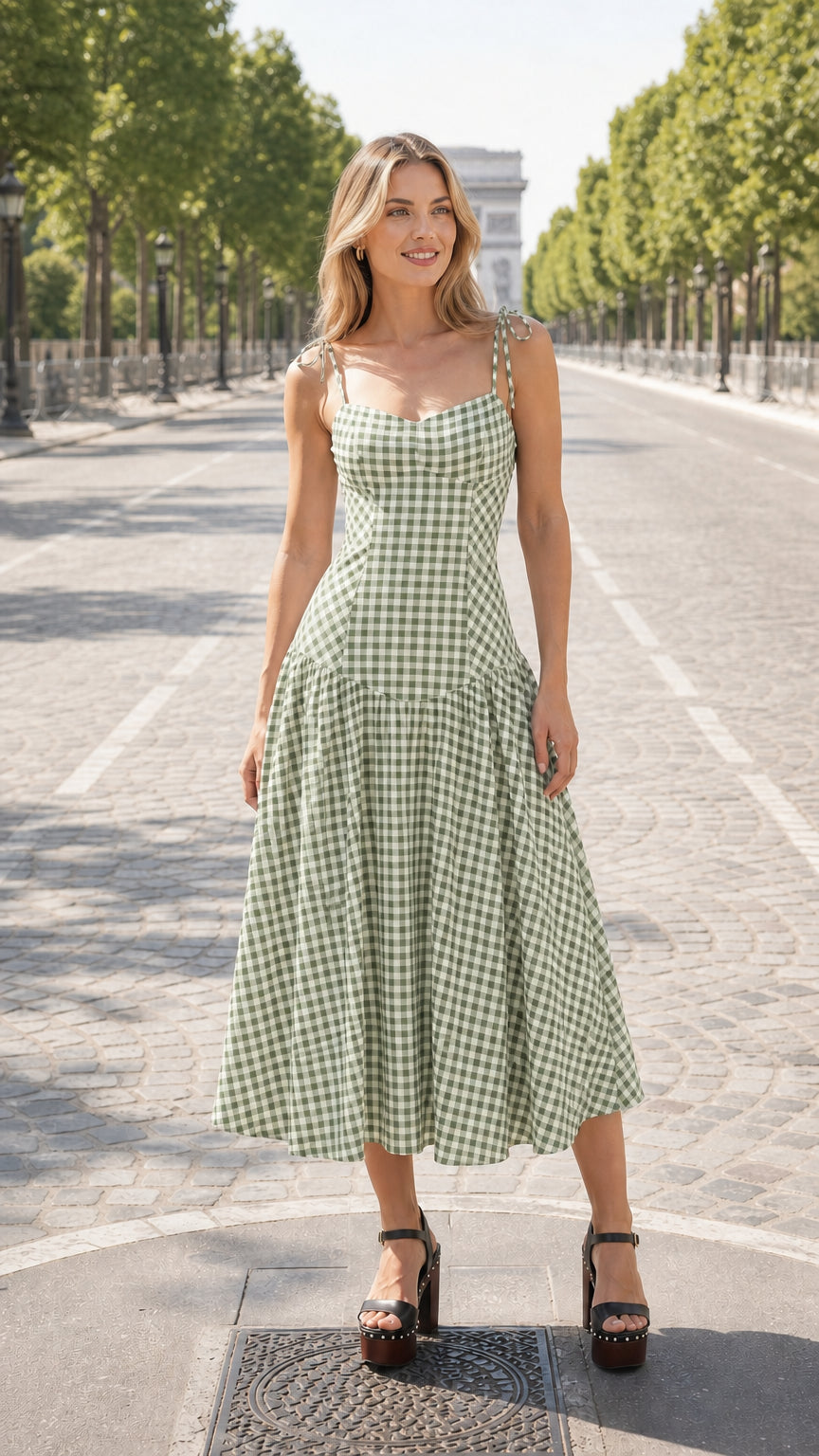 Green and white gingham midi dress variant on model