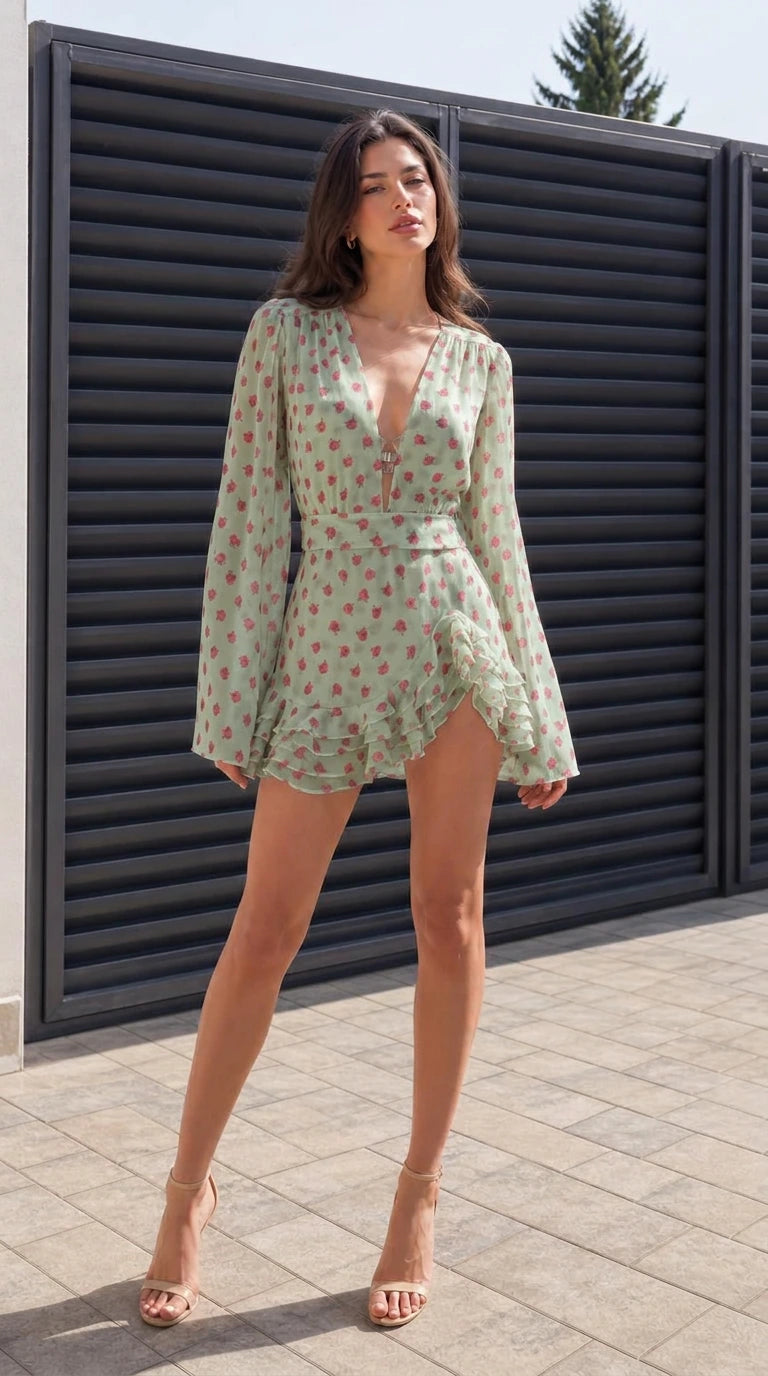Full front view of model wearing sage green floral mini dress