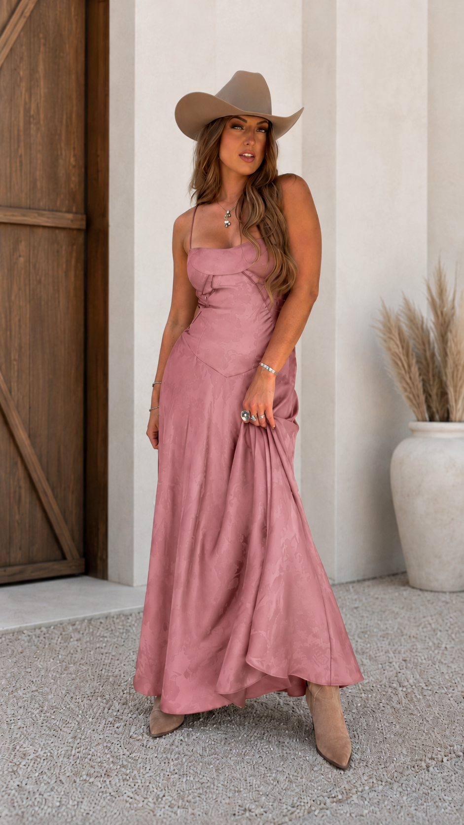Dusty rose satin-look strappy maxi dress front view