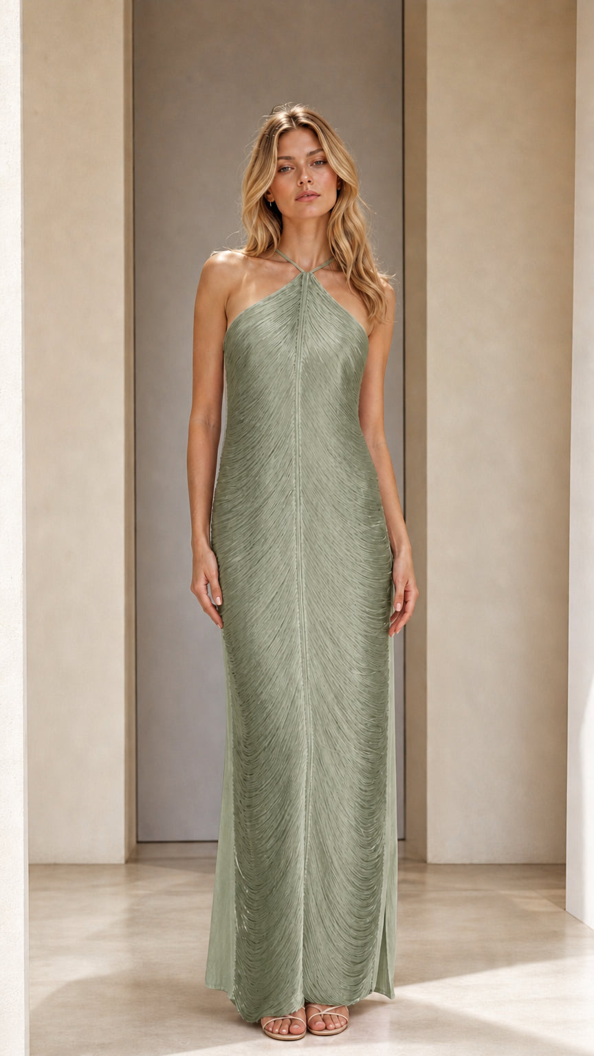 Model wearing sage green halter neck pleated maxi dress