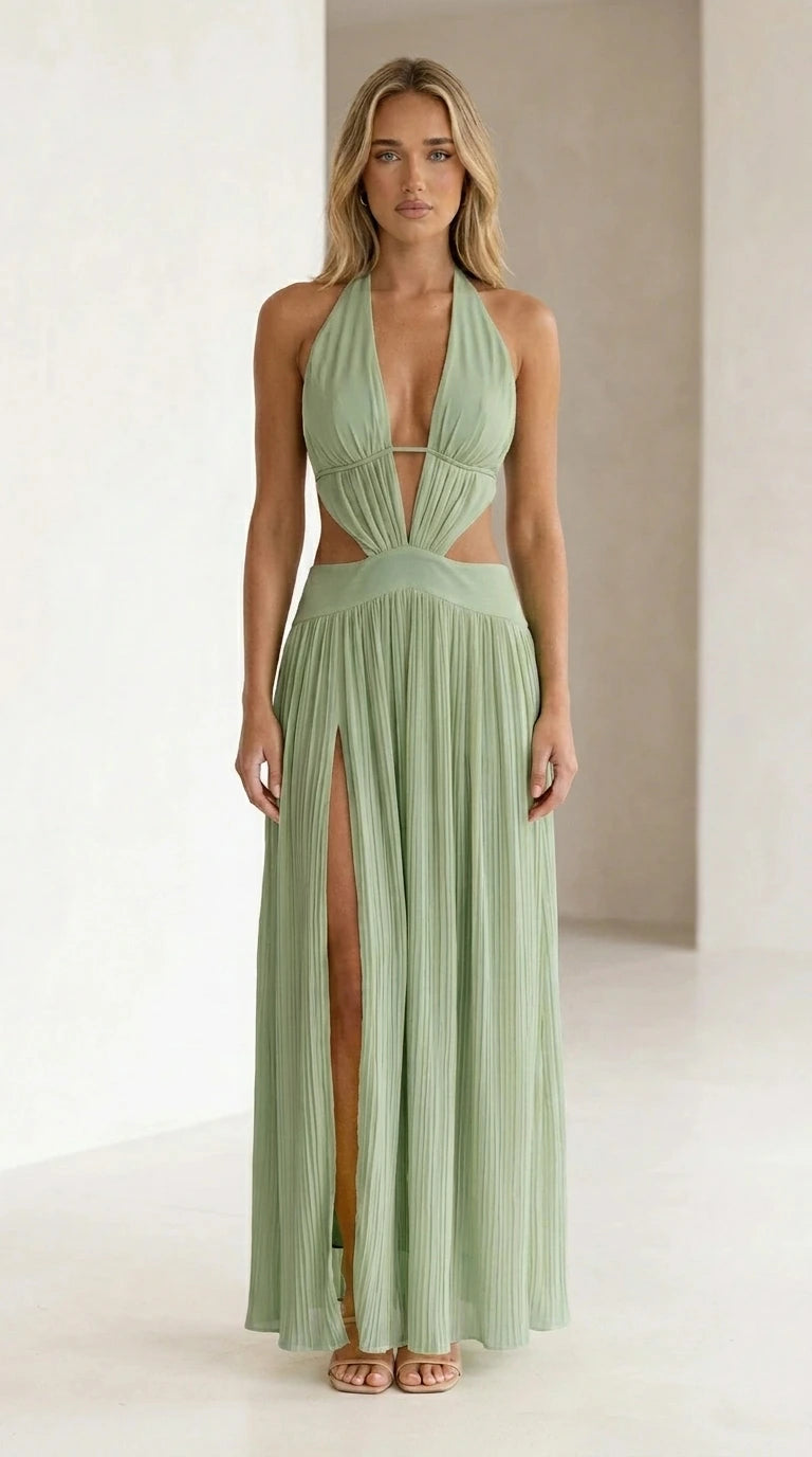 Sage Green color variant of halter neck cutout pleated maxi dress