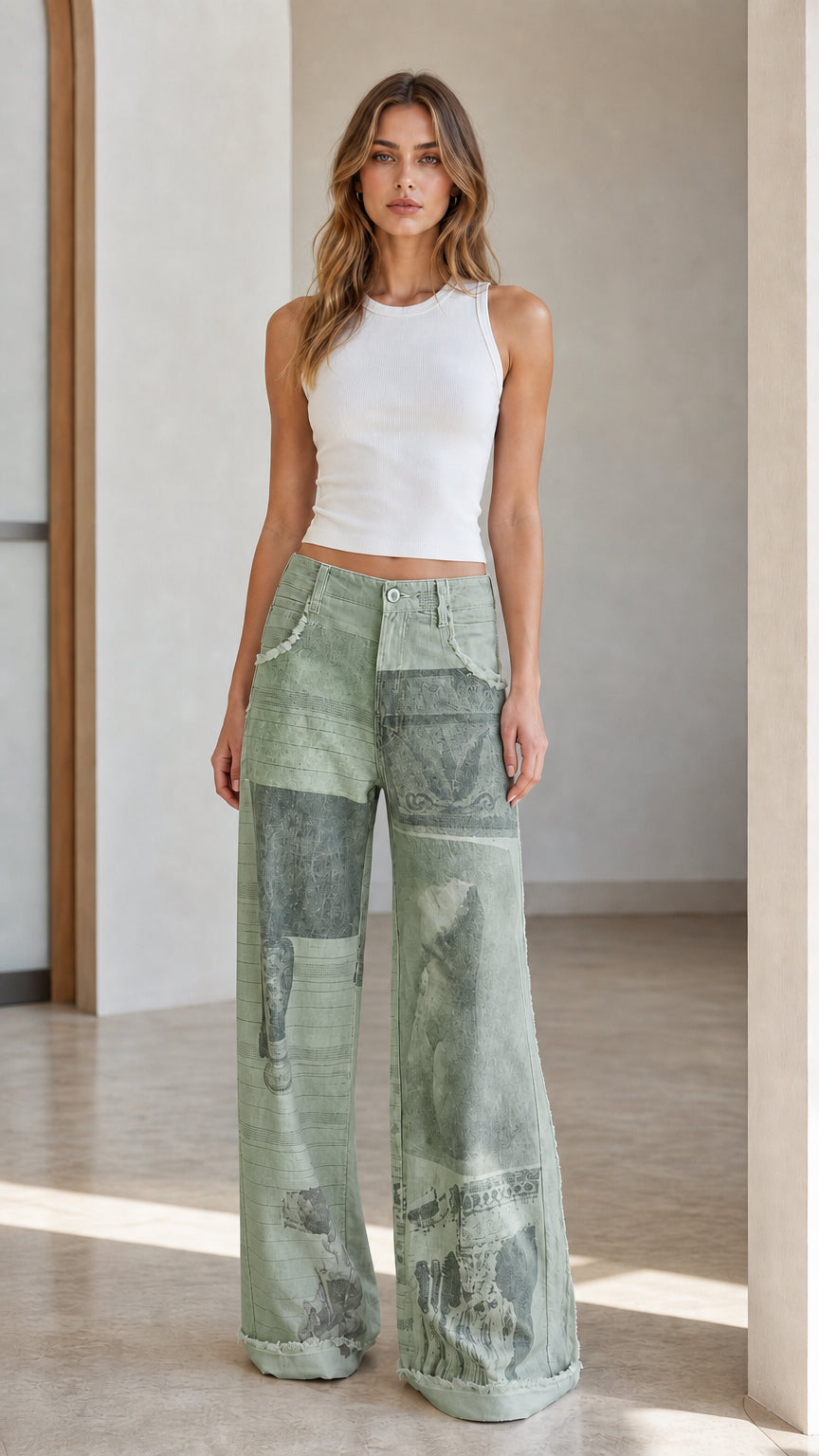 Model wearing green patchwork wide leg jeans