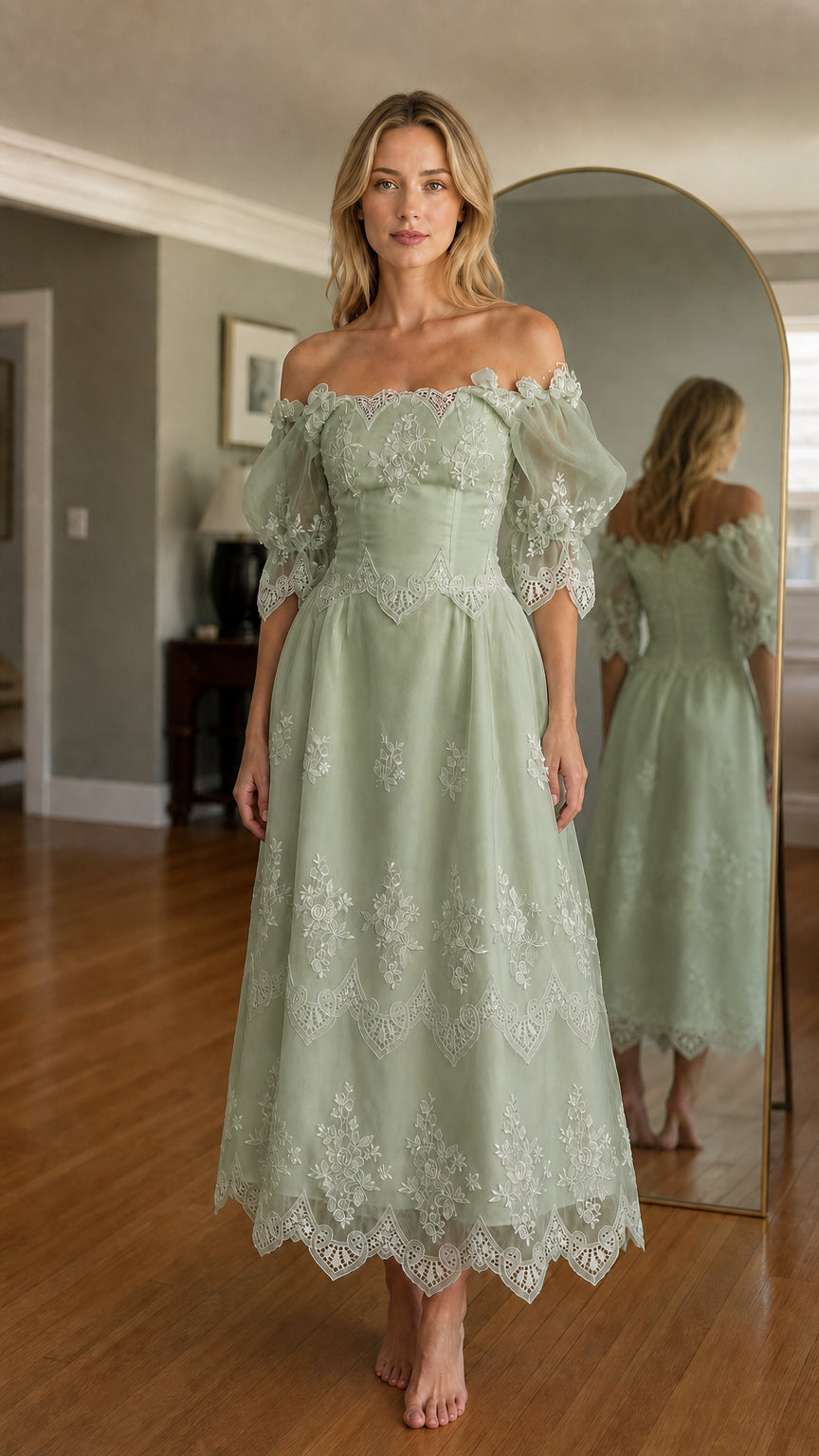 Woman wearing sage green off-shoulder embroidered midi dress