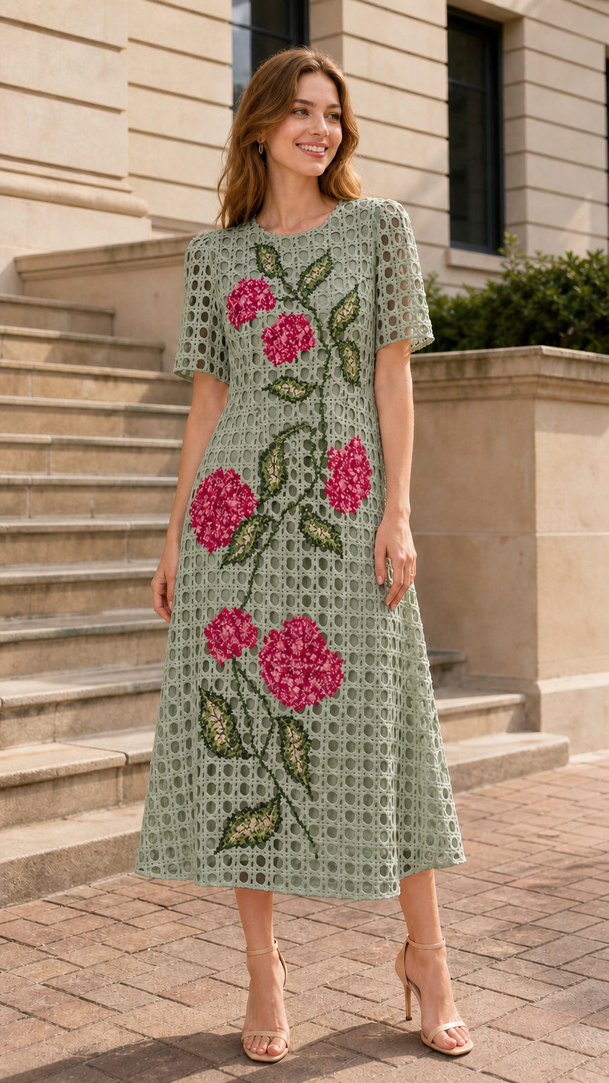 Front view of woman wearing sage green floral embroidered midi dress