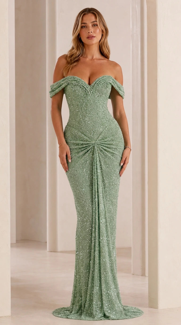 Model wearing sage green off-shoulder sequin evening gown
