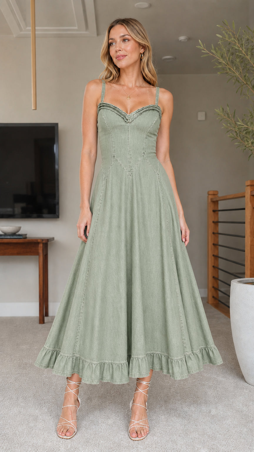 Women's Sage Green Denim Midi Dress Front View